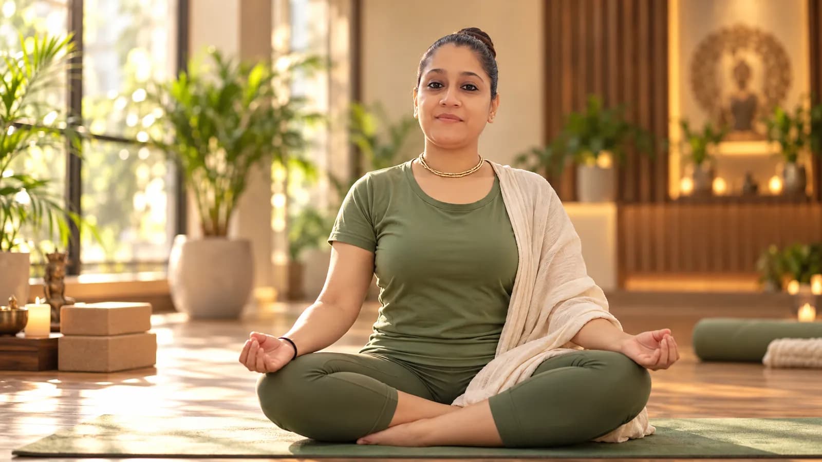Yashasvi seated in meditation in a sunlit studio filled with plants