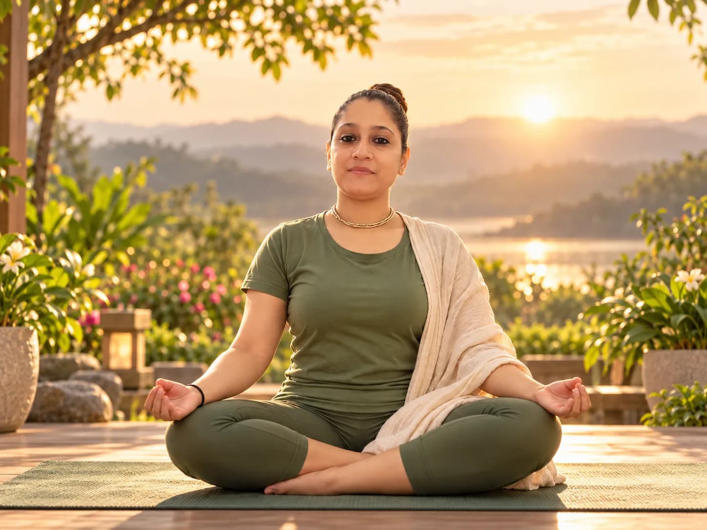 Yashasvi meditating outdoors at golden hour with hills and water behind