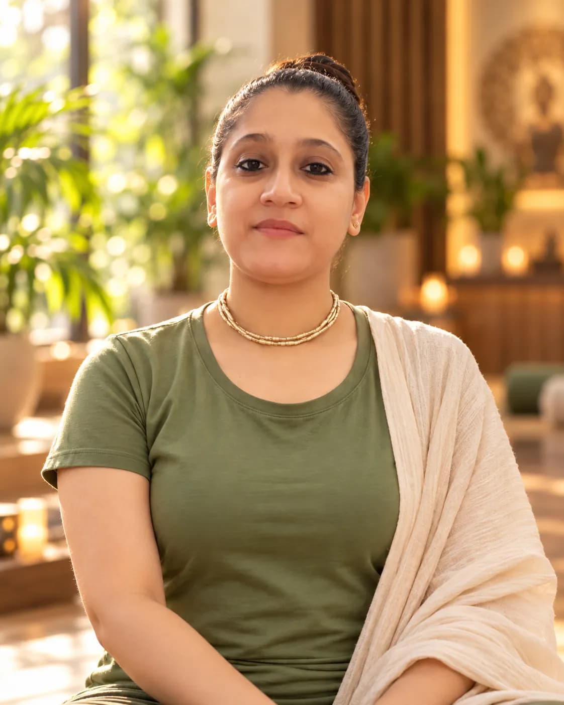 Close portrait of Yashasvi wearing an ivory shawl and gold necklace