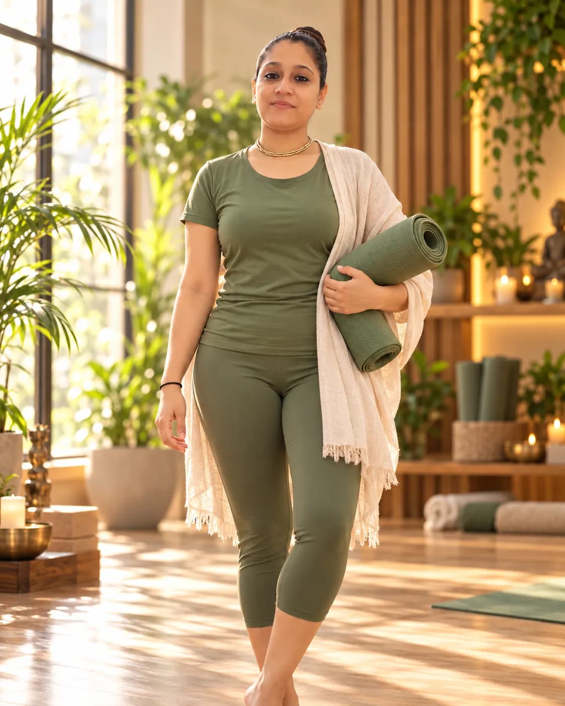 Yashasvi standing in the studio holding a rolled green yoga mat