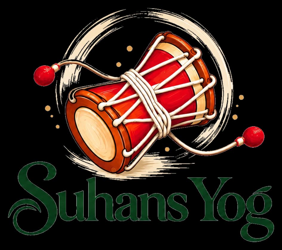 SuHans Yog logo — red damaru with green serif wordmark