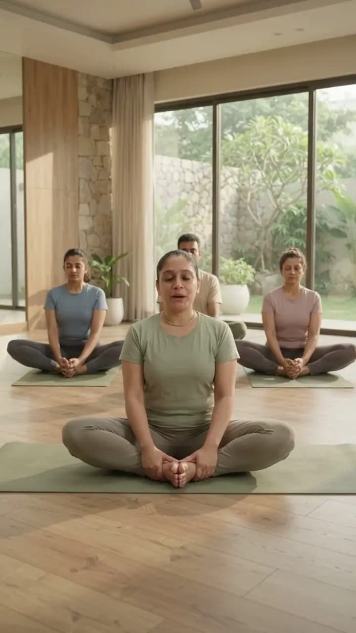 Yashasvi guiding a group through breathwork in butterfly pose