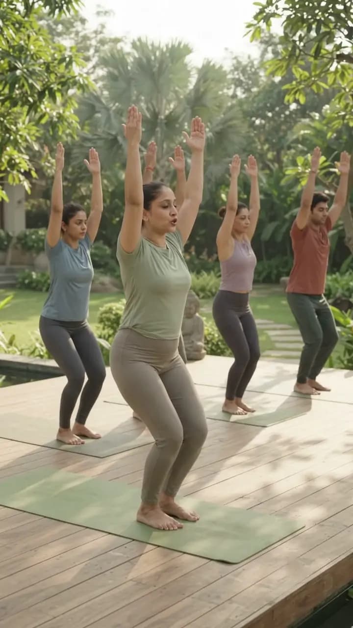 Yashasvi leading an outdoor group in chair pose with arms raised on a garden deck